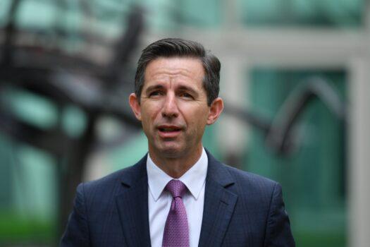 Minister for Finance Simon Birmingham at a press conference at Parliament House in Canberra, Australia, on May 13, 2021. (AAP Image/Mick Tsikas)