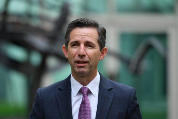 Minister for Finance Simon Birmingham at a press conference at Parliament House in Canberra, Australia on May 13, 2021. (AAP Image/Mick Tsikas)