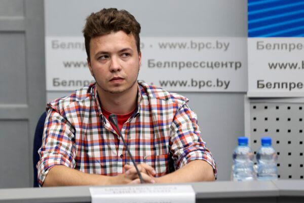 Belarusian dissident journalist Raman Pratasevich attends a news conference at the National Press Center of Ministry of Foreign Affairs in Minsk, Belarus, on June 14, 2021. (Ramil Nasibulin/BelTA pool photo via AP)