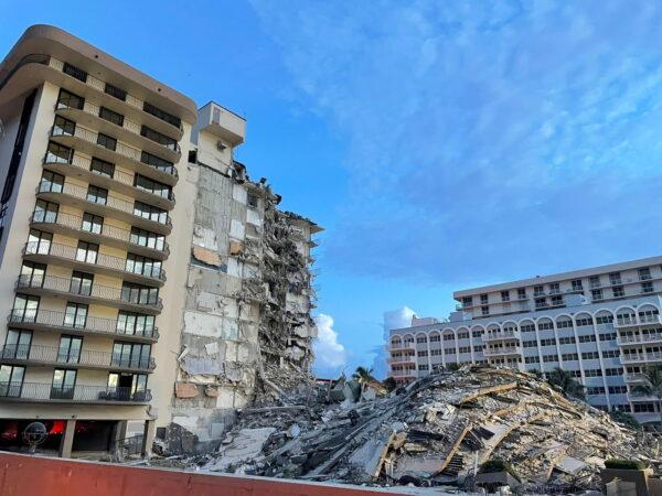 A partially collapsed building in Surfside, near Miami Beach, Fla., on June 25, 2021. (Miami-Dade Fire Rescue Department/Handout via Reuters)