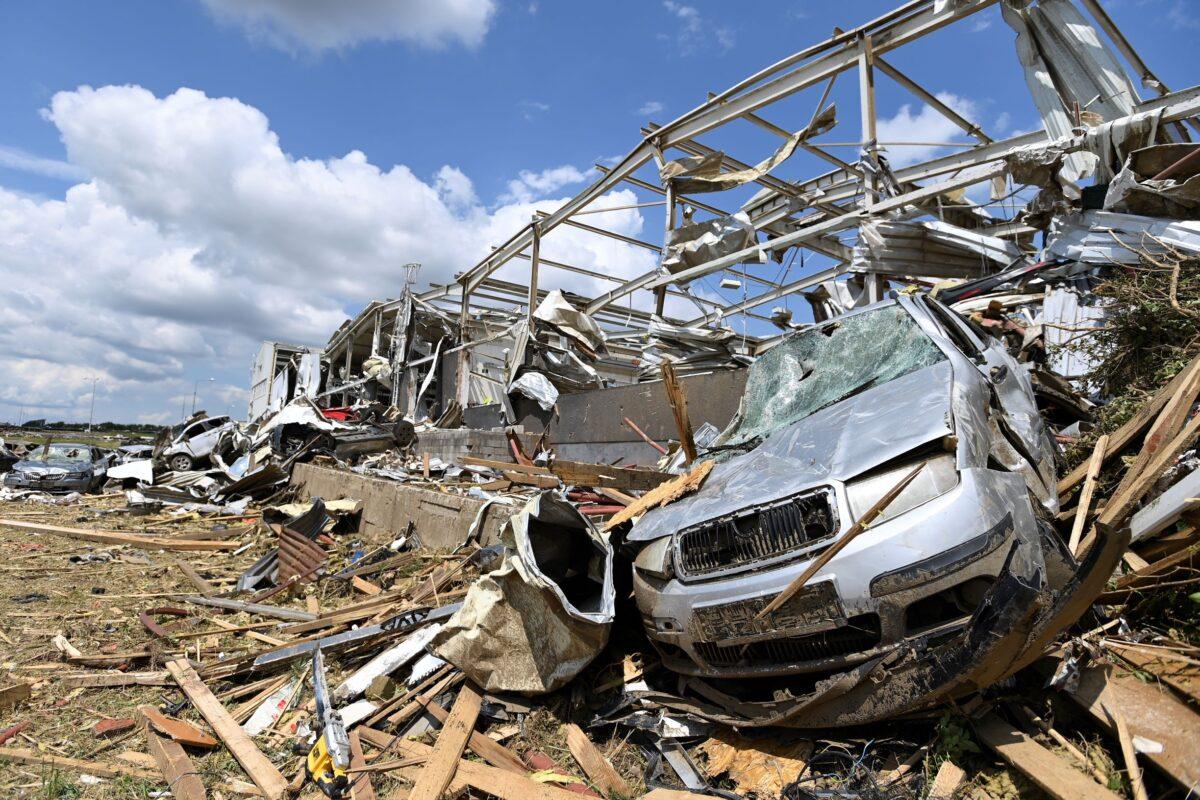 Damaged cars are seen after a tornado hit the village of Luzice in South Moravia, Czech Republic, on June 25, 2021. (Ondrej Deml/CTK via AP)