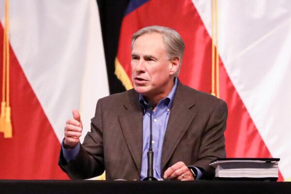 Texas Gov. Greg Abbott during a border security summit in Del Rio, Texas, on June 10, 2021. (Charlotte Cuthbertson/The Epoch Times)