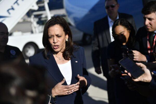 Vice President Kamala Harris talks to reporters after arriving at El Paso International Airport, in El Paso, Texas, on June 25, 2021. (Patrick T. Fallon/AFP via Getty Images)