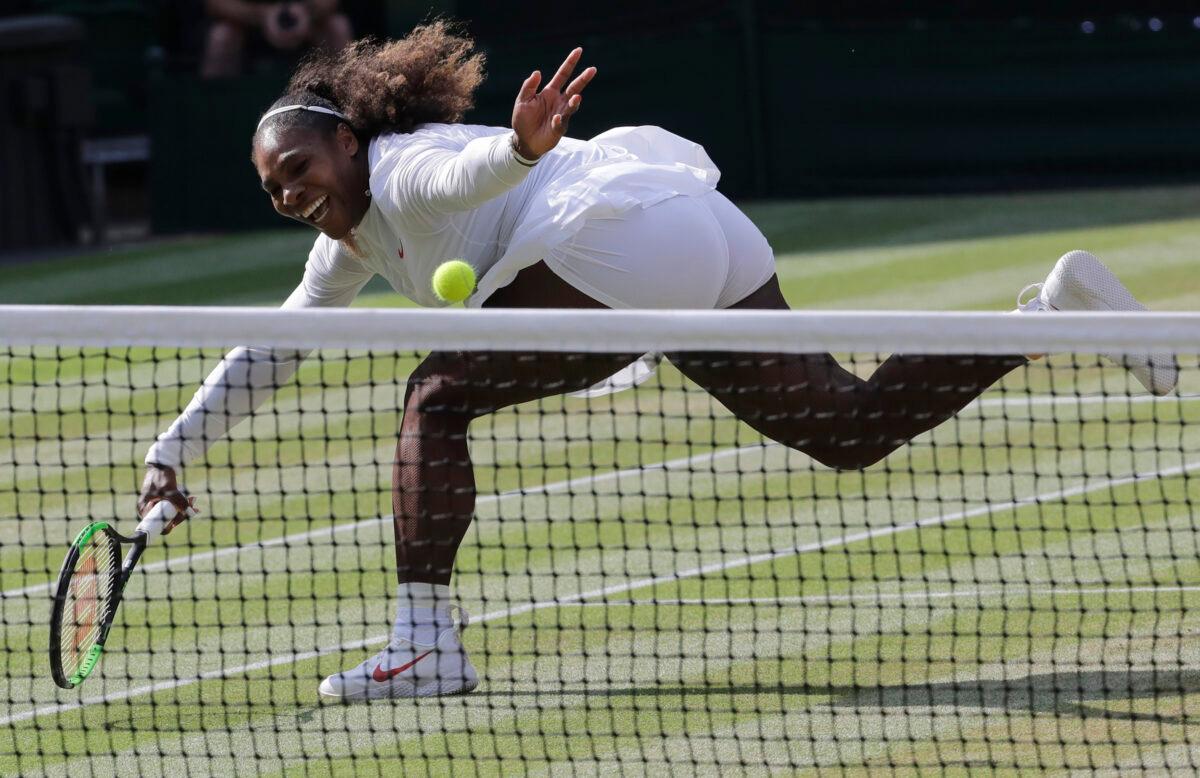 Serena Williams returns the ball to Germany's Angelique Kerber during their women's singles final match at the Wimbledon Tennis Championships, in London, England, on July 14, 2018. (Ben Curtis/File/AP Photo)