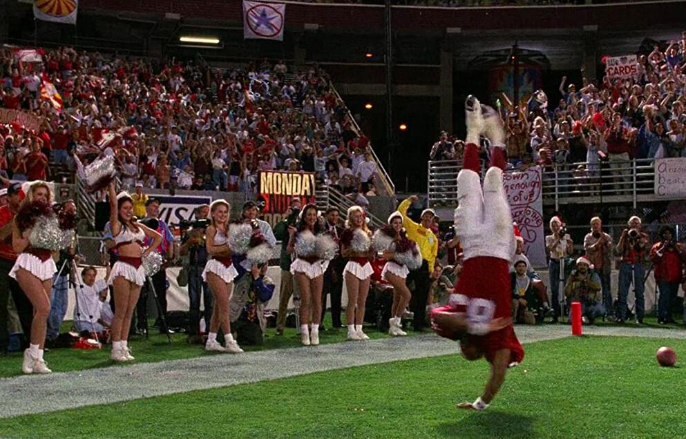 Rod Tidwell (Cuba Gooding, Jr.) does a little end-zone celebration after getting knocked out cold, but still managing to hold onto the ball, in “Jerry Maguire.” (TriStar Pictures)