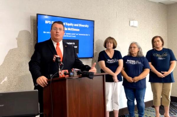 Florida state Rep. Randy Fine (R-Palm Bay) and Moms for Liberty hold a press conference in Palm Bay, Fla., on June 25, 2021. (Rep. Randy Fine/Screenshot via NTD)