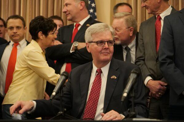 Texas Lt. Governor Dan Patrick is at the gun bill signing ceremony in San Antonio, Texas on June 17, 2021. (Brenda Chen/The Epoch Times)