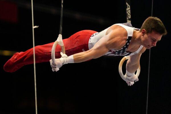 Brody Malone competes on the still rings during the men's U.S. Olympic Gymnastics Trials, in St. Louis, Mo., on June 26, 2021. (Jeff Roberson/AP Photo)