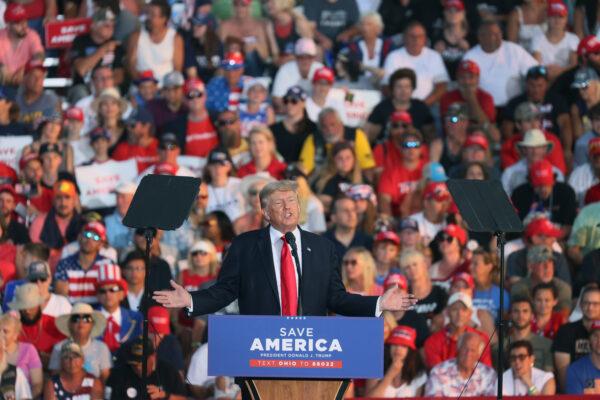 Former President Donald Trump speaks to supporters during a rally at the Lorain County Fairgrounds in Wellington, Ohio, on June 26, 2021. (Scott Olson/Getty Images)