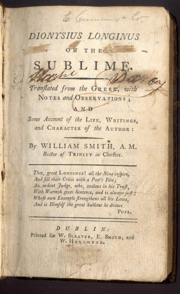 The title page of an edition of "On the Sublime," attributed to Longinus and translated by  William Smith, A.M. (PD-US)
