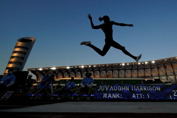 JuVaughn Harrison during the finals of the men's long jump at the U.S. Olympic Track and Field Trials in Eugene, Ore., on June 27, 2021. (Charlie Riedel/AP Photo)