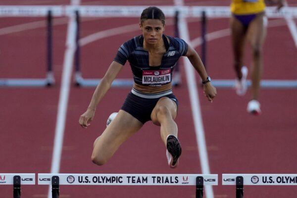 Sydney McLaughlin wins a semi-final in the women's 400-meter hurdles at the U.S. Olympic Track and Field Trials in Eugene, Ore., on June 26, 2021. (Ashley Landis/AP Photo)