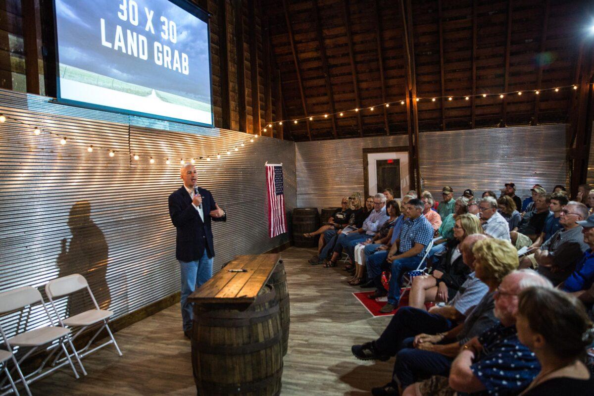A town hall with Nebraska Gov. Pete Ricketts (L) on the Biden administration's "30 x 30" plan, at the Generations Barn in Pickrell, Neb., on June 24, 2021. (Petr Svab/The Epoch Times)