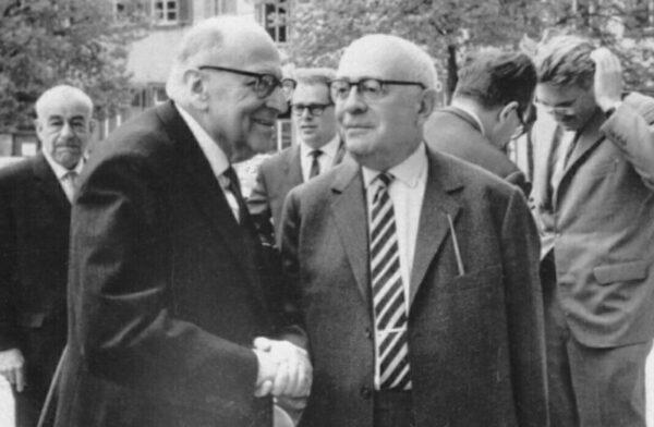 Max Horkheimer (front L), Theodor Adorno (front R), and Jürgen Habermas (back R)—some of the main German Marxist scholars from the Frankfurt School in the development of Critical Theory—are seen at the Max Weber-Soziologentag in Heidelberg, Germany, in April 1964. (Jeremy J. Shapiro/Wikimedia Commons)