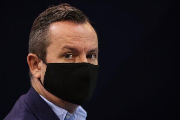 Western Australia Premier Mark McGowan during a press release at the COVID-19 Vaccination Clinic in Claremont, Perth, Australia, on May 3, 2021. (Photo by Paul Kane/Getty Images)