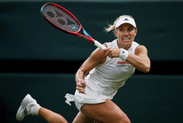 Germany's Angelique Kerber in action during her first round match against Serbia's Nina Stojanovic at Wimbledon 2021 at the All England Lawn Tennis and Croquet Club on London, UK, on June 29, 2021. (Paul Childs/Reuters)