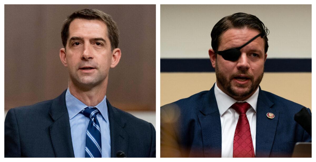 (L) Sen. Tom Cotton (R-Ark.) on Capitol Hill in Washington on March 25, 2021. (Andrew Harnik/Pool/Getty Images); Rep. Dan Crenshaw (R-Texas) testifies during a hearing before the House Committee on Homeland Security on Capitol Hill in Washington, on July 22, 2020. (Anna Moneymaker/Pool/Getty Images)