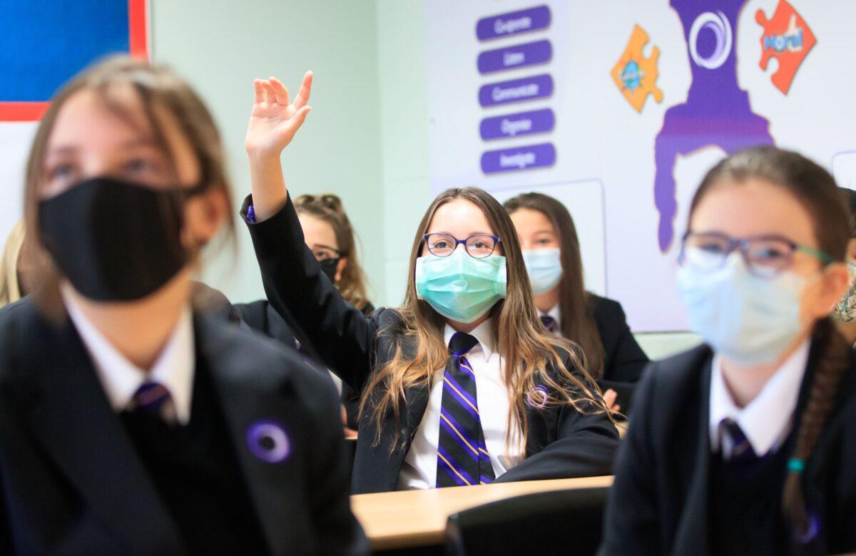 Students in a classroom of an England School on March 8, 2021. (Danny Lawson/PA)