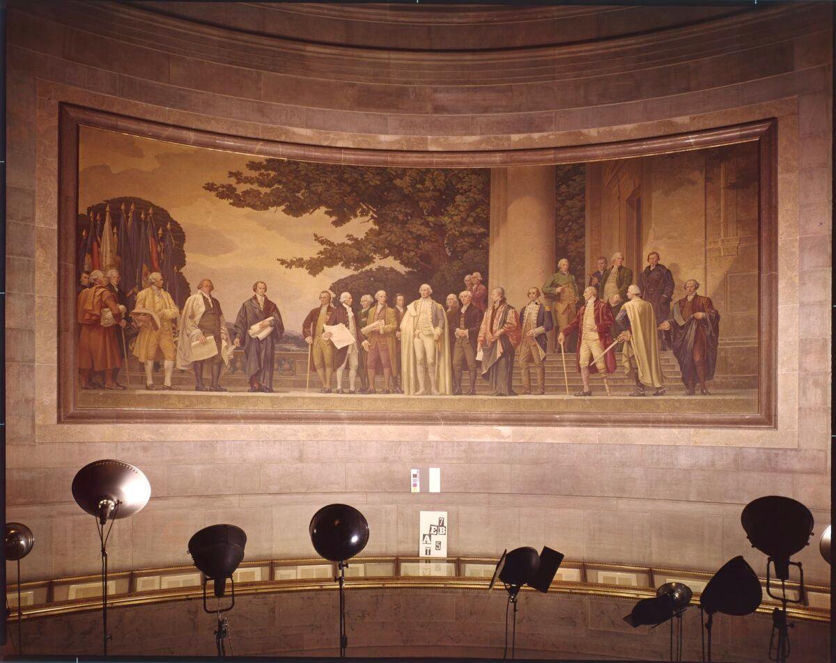 A photograph of the Barry Faulkner mural "The Constitution," on display in the Rotunda. (National Archives)