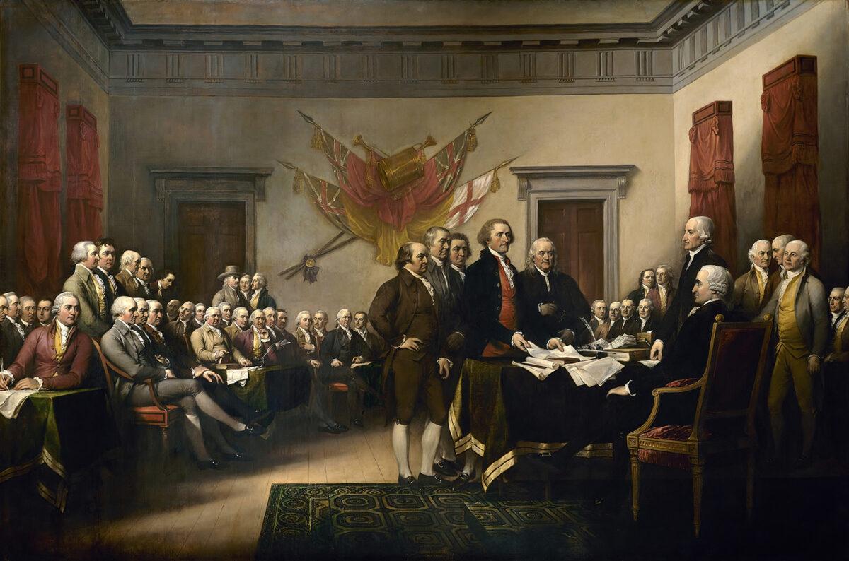 John Trumbull's "Declaration of Independence" circa 1818. Oil on canvas in the U.S. Capitol Rotunda, Washington. (Public Domain)