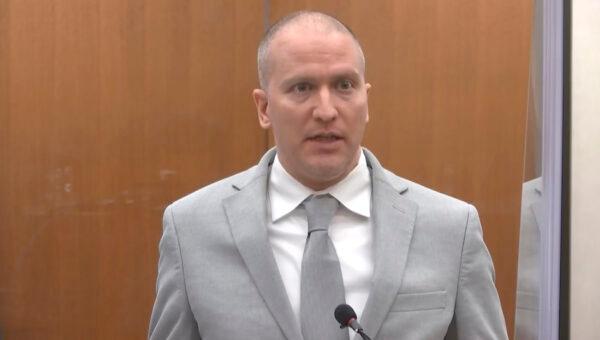 Former Minneapolis police Officer Derek Chauvin addresses the court as Hennepin County Judge Peter Cahill presides over Chauvin's sentencing at the Hennepin County Courthouse in Minneapolis on June 25, 2021. (Court TV via AP)