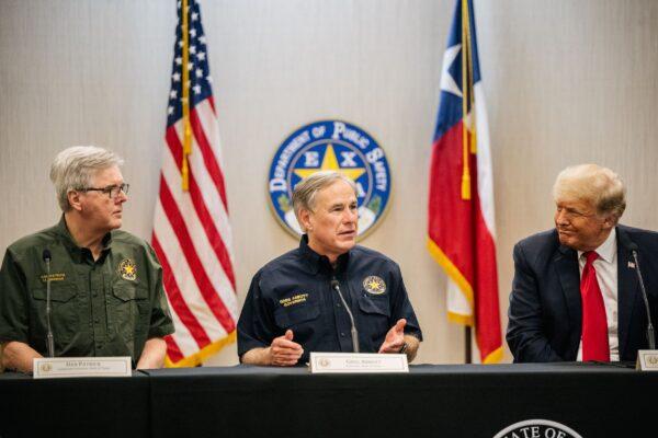 Texas Lt. Gov. Dan Patrick, left, Texas Gov. Greg Abbott, center, and former President Donald Trump attend a border security briefing to discuss further plans in securing the southern border wall on June 30, 2021, in Weslaco, Texas. (Brandon Bell/Pool via AP)