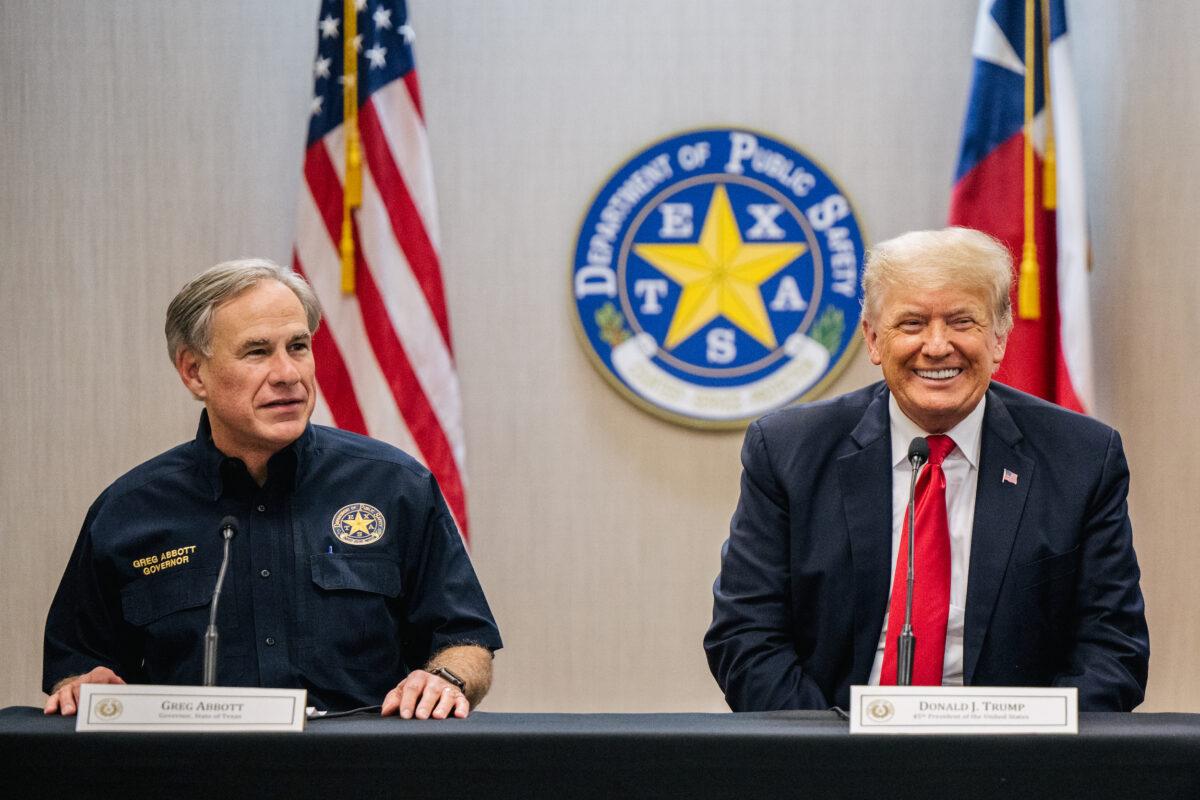 Texas Gov. Greg Abbott addresses former President Donald Trump during a border security briefing to discuss further plans in securing the southern border wall in Weslaco, Texas, on June 30, 2021. (Brandon Bell/Getty Images)
