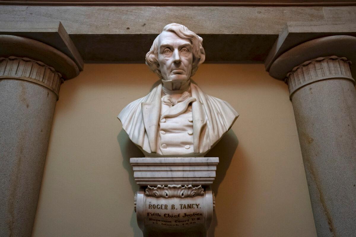 A marble bust of Chief Justice Roger Taney is displayed in the Old Supreme Court Chamber in the U.S. Capitol in Washington, on March 9, 2020. (J. Scott Applewhite/AP Photo)