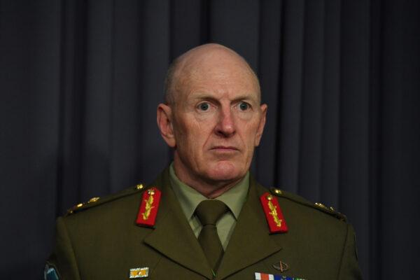COVID-19 Taskforce Commander Lieutenant General John Frewen at a press conference at Parliament House in Canberra on June 18, 2021. (AAP Image/Mick Tsikas)