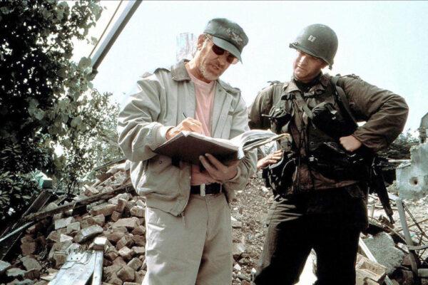 Director Steven Spielberg giving instructions to Tom Hanks on the set of “Saving Private Ryan.” (DreamWorks Pictures)