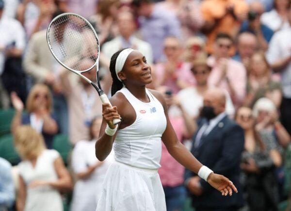 Coco Gauff of the U.S. celebrates winning her second round match against Russia's Elena Vesnina, on the fourth day of the 2021 Wimbledon Championships at The All England Tennis Club in Wimbledon, London, Britain, on July 1, 2021. (Paul Childs/Reuters)