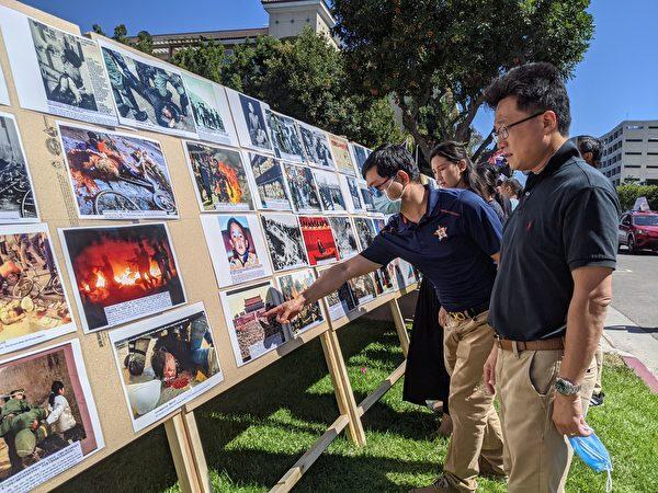 Photo exhibition of the CCP's abuses in China, in front of China's consulate in Los Angeles, on July 1, 2021. (Xu Xiuhui/The Epoch Times)