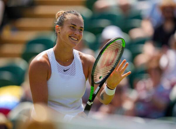 Belarus's Aryna Sabalenka celebrates winning a point against Colombia's Maria Camila Osorio Serrano during the women's singles third round match on day five of the Wimbledon Tennis Championships in London, on July 2, 2021. (Alastair Grant/AP Photo)
