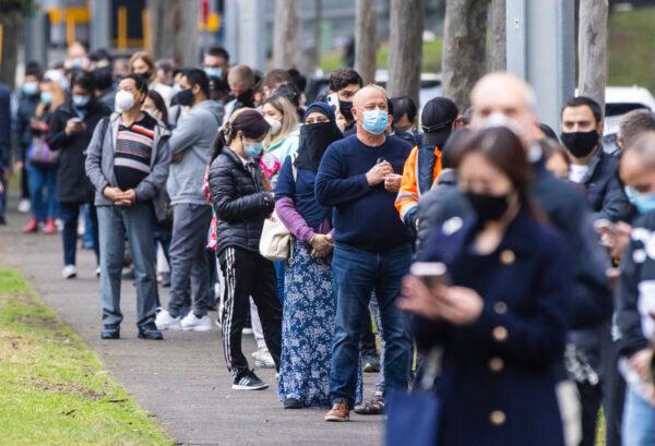 Long queues of people are seen at the NSW Vaccination Centre in Homebush in Sydney, Australia, on July 1, 2021. (Jenny Evans/Getty Images)