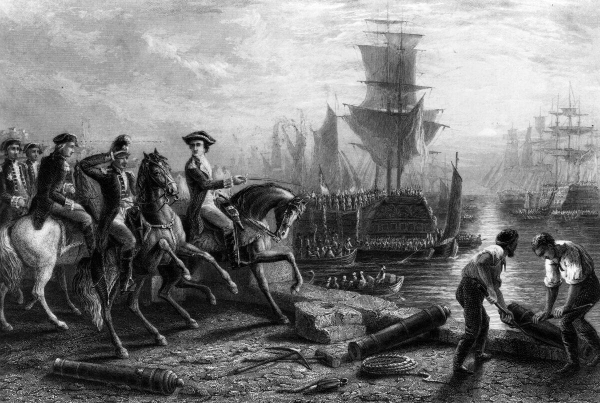 An engraving entitled “General Howe Evacuating Boston” depicts British General William Howe, 5th Viscount Howe (1729–1814), commander in chief of the British forces in North America during the American Revolution, as he orders the evacuation of his troops after the Siege of Boston, Mass., on March 17, 1776. (MPI/Getty Images)