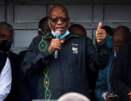Former South African President Jacob Zuma addresses his supporters at his home in Nkandla, KwaZulu-Natal Natal Province, South Africa, on July 4, 2021. (Shiraaz Mohamed/AP Photo)