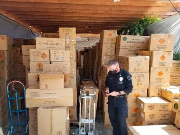 Boxes of illegal large homemade fireworks explosives in South Los Angeles, Calif., in July 2021. (ATF/United States Attorney's Office Central District of California via AP)
