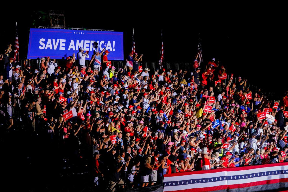 People listen to former President Donald Trump during a rally in Sarasota, Fla., on July 3, 2021. (Eva Marie Uzcategui/Getty Images)