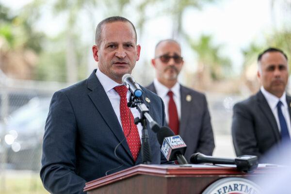 Timothy Tubbs, acting special agent in charge of San Antonio’s Homeland Security investigations, speaks to media in Laredo, Texas, on July 2, 2021. (Charlotte Cuthbertson/The Epoch Times)