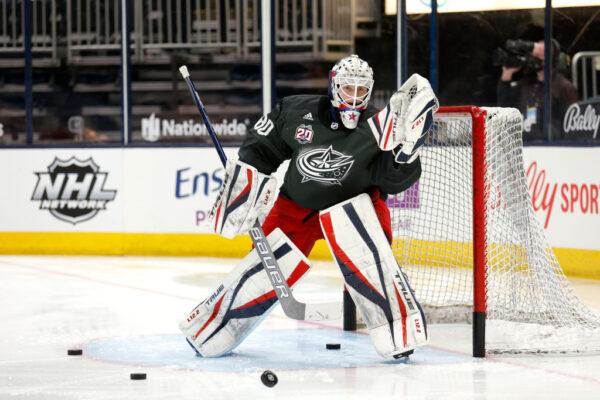 Goaltender Matiss Kivlenieks #80 of the Columbus Blue Jackets warms up prior to the start of the game against the Detroit Red Wings at Nationwide Arena in Columbus, Ohio, on April 27, 2021. (Kirk Irwin/Getty Images)