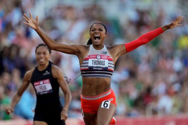 Gabby Thomas celebrates after winning the final in the women's 200-meter run at the U.S. Olympic Track and Field Trials in Eugene, Ore. (Ashley Landis/AP Photo)
