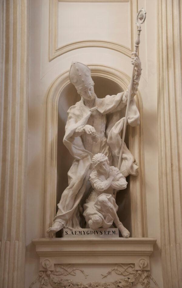 "Saint Emygdius Baptizing Polisia," 2012, by Cody Swanson. Plaster. Saint Felician, Cathedral of Foligno, Italy. (Courtesy of Cody Swanson)