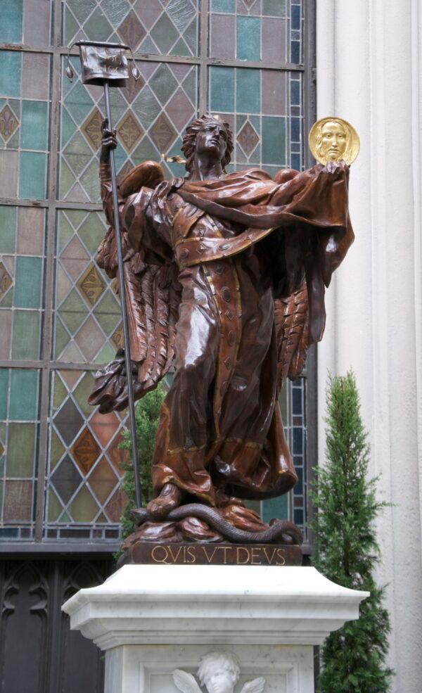 “Saint Michael, the Archangel,” 2014, by Cody Swanson. Bronze with marble pedestal at St. Patrick’s Church, New Orleans, La. (Courtesy of Cody Swanson)