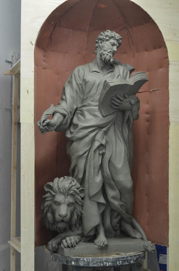 “Saint Mark,” one of the Four Evangelists, 2021, by Cody Swanson. Clay in progress. Chapel of the Holy Cross, Jesuit High School, Tampa, Fla. (Courtesy of Cody Swanson)
