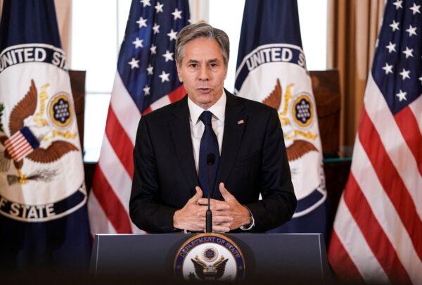 Secretary of State Antony Blinken delivers remarks on the release of the 2021 Trafficking in Persons (TIP) Report at the State Department in Washington, DC on July 1, 2021. (Ken Cedeno/POOL/AFP via Getty Images)