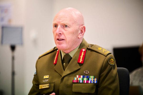 Lieutenant General John Frewen speaks during a zoom meeting with state premiers and chief ministers at Scarborough House in Canberra, Australia on July 6, 2021. (Rohan Thomson/Getty Images)