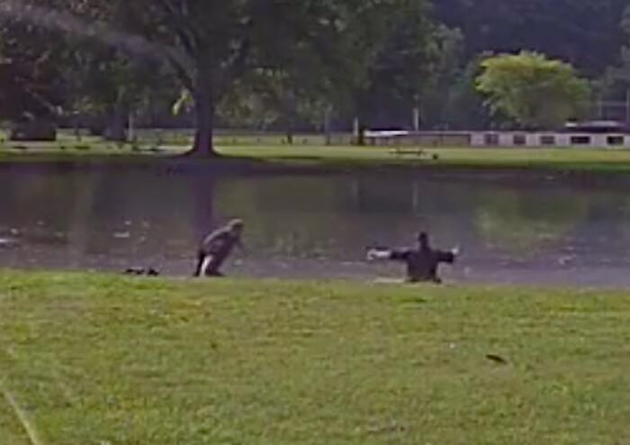 Footage from a police dashcam shows the officers rushing into the pond to save the boy, Paolo Moctezuma. (Courtesy of <a href="https://www.facebook.com/PainesvillePoliceDepartment/">City of Painesville Police Department</a>)