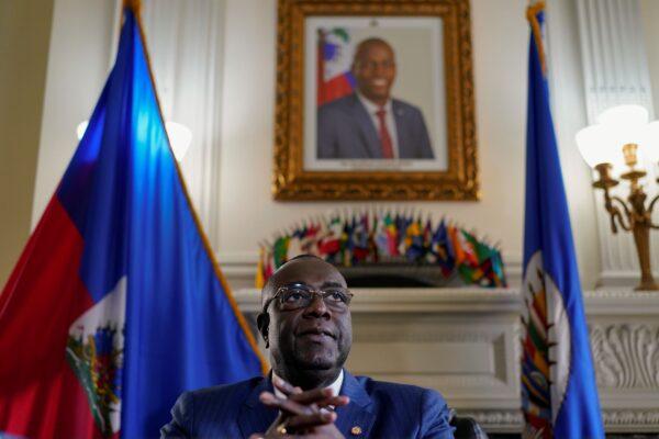 Ambassador Bocchit Edmond pauses as he speaks of the late Haitian President Jovenel Moïse, during an interview with the Associated Press in his office at the Embassy of Haiti in Washington on July 7, 2021. (Carolyn Kaster/AP Photo)