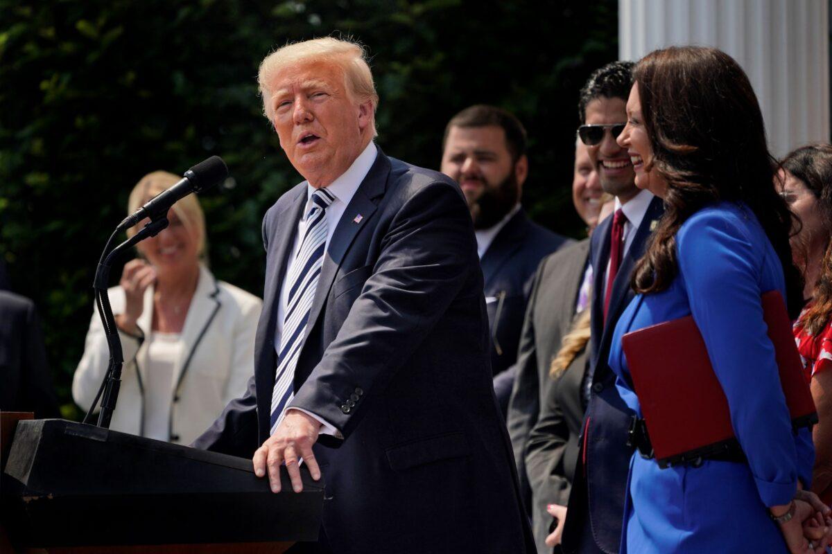 Then President Donald Trump speaks at Trump National Golf Club in Bedminster, N.J., on July 7, 2021. (Seth Wenig/AP Photo)