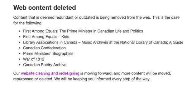 A series of historical biographies of former prime ministers has been removed from the Library and Archives Canada website. Content deemed "redundant or outdated" has been deleted from the website as of July 7, 2021. (Screenshot)
